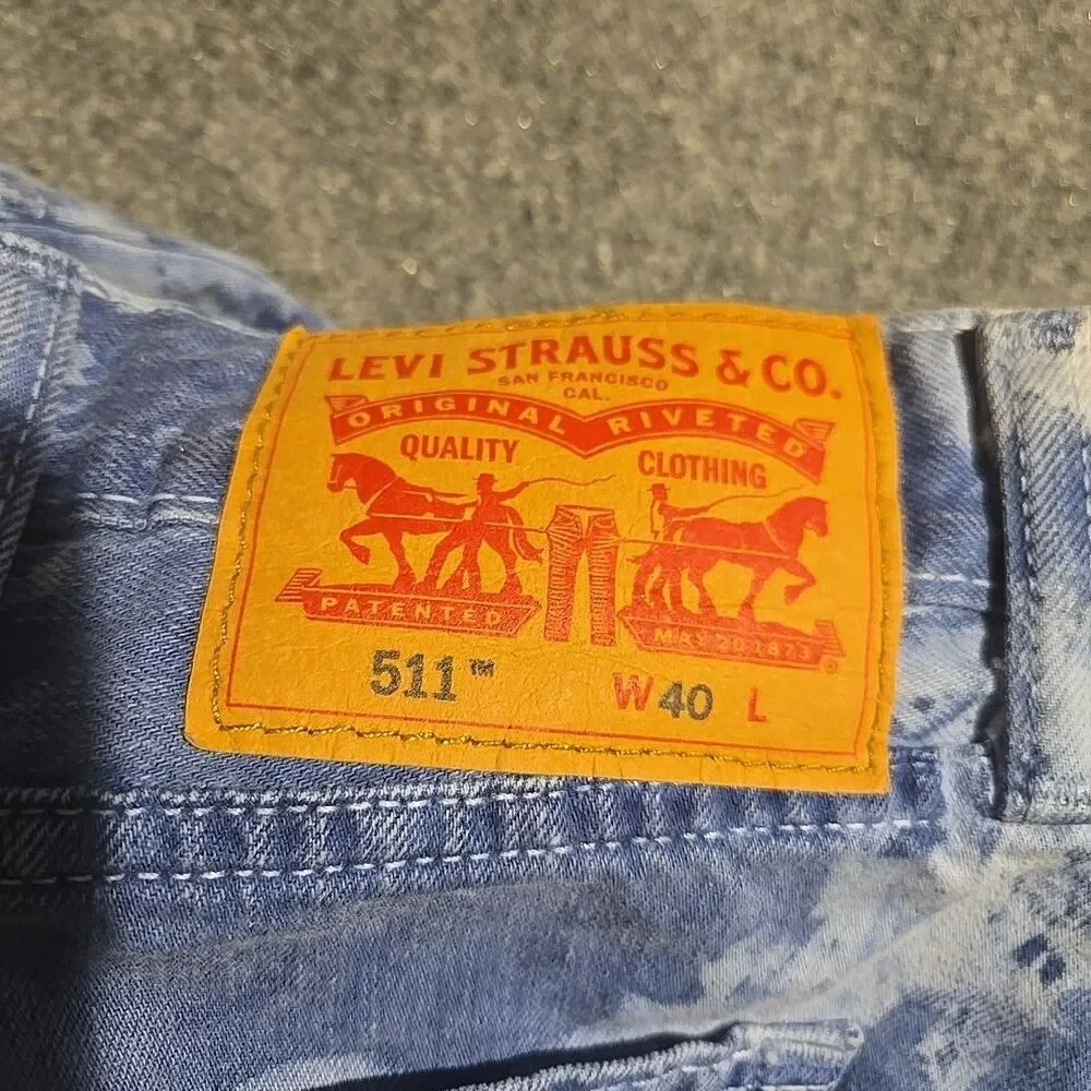 Levis 511 Denim Shorts Mens 40 Blue Bleached Tie-Dye Stretch Cut-Offs